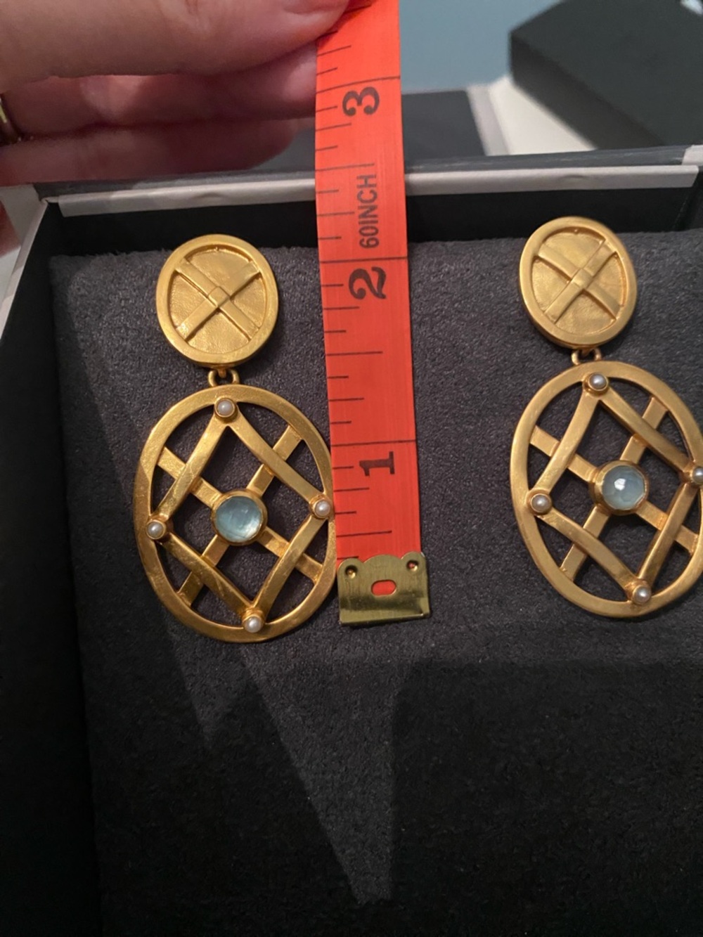 Julie Vos Matte Gold Lattice Drop Earrings with Blue Center - Picture 3 of 3